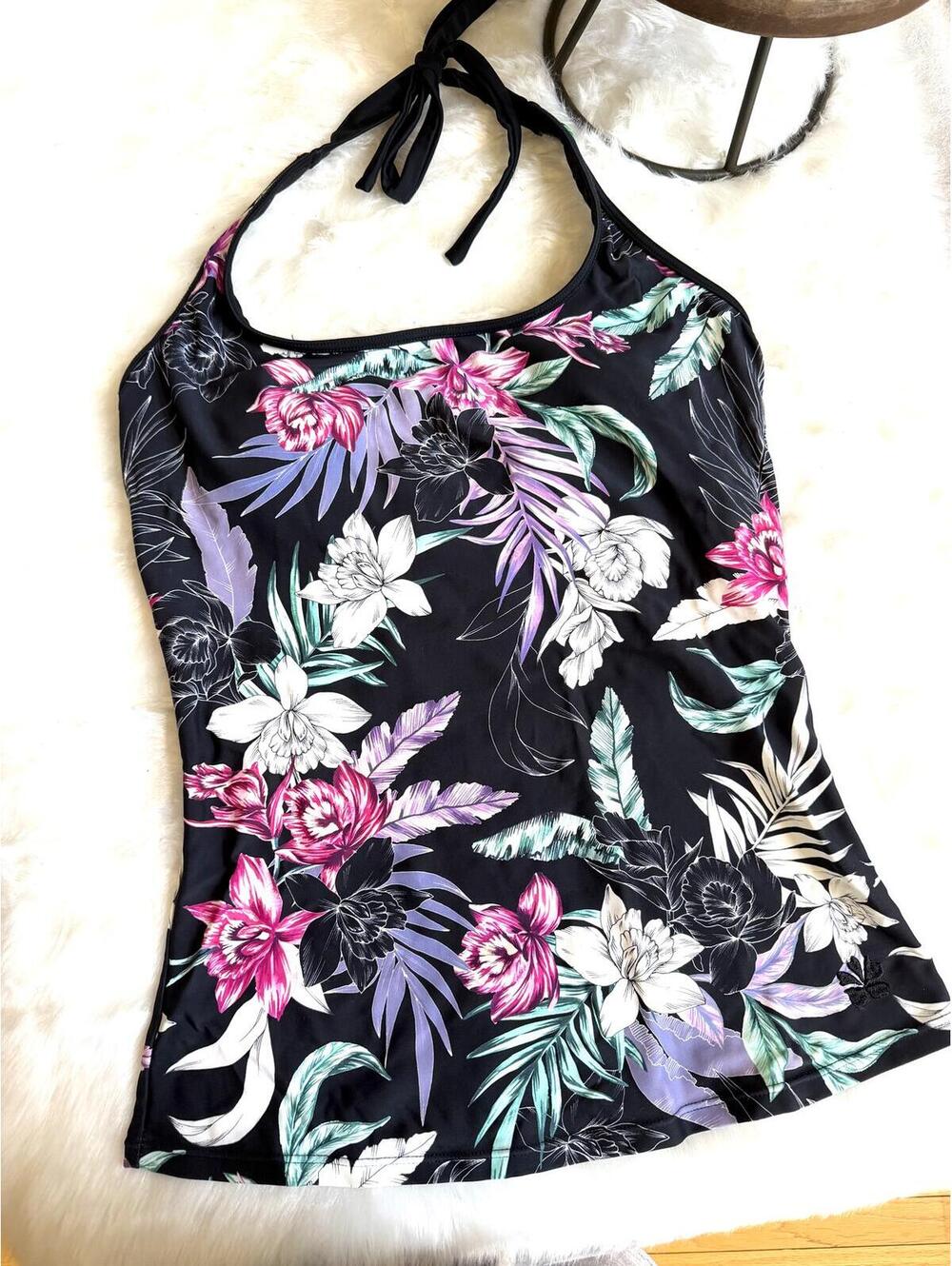 HAPARI Women's Floral Halter Tankini Swim Top Black Multi M